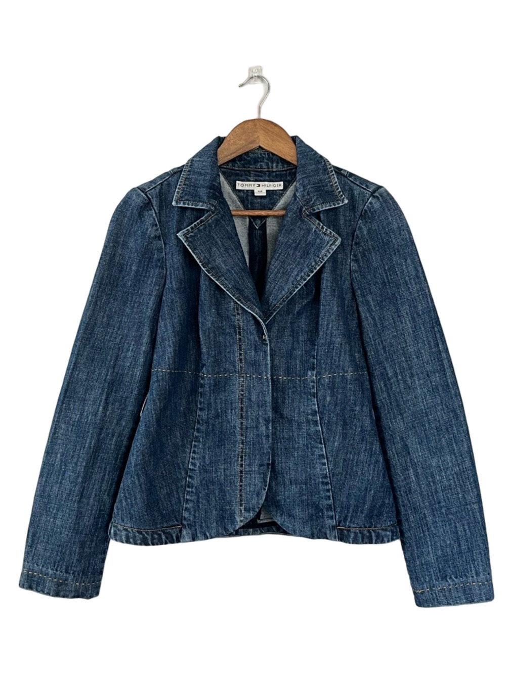 Tommy Hilfiger Denim Blazer Fitted Jacket Snap Front Preppy Chic Size S